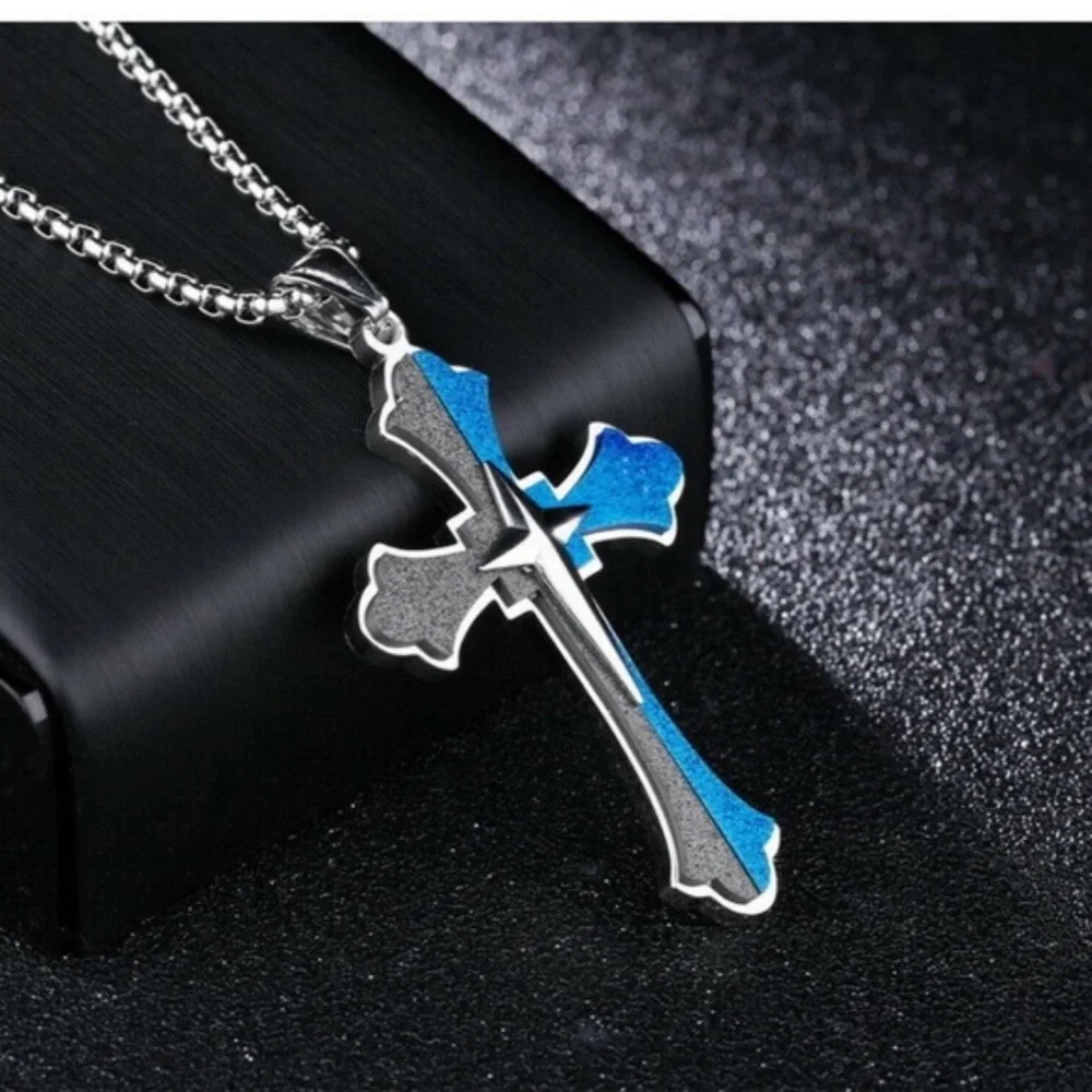 Mens Sliver‎ Cross Pendant Necklace Stainless Steel Titanium Blue Black 24